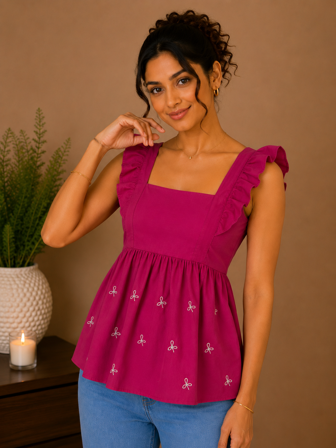 Fuchsia Ruffle Sleeve Peplum Top