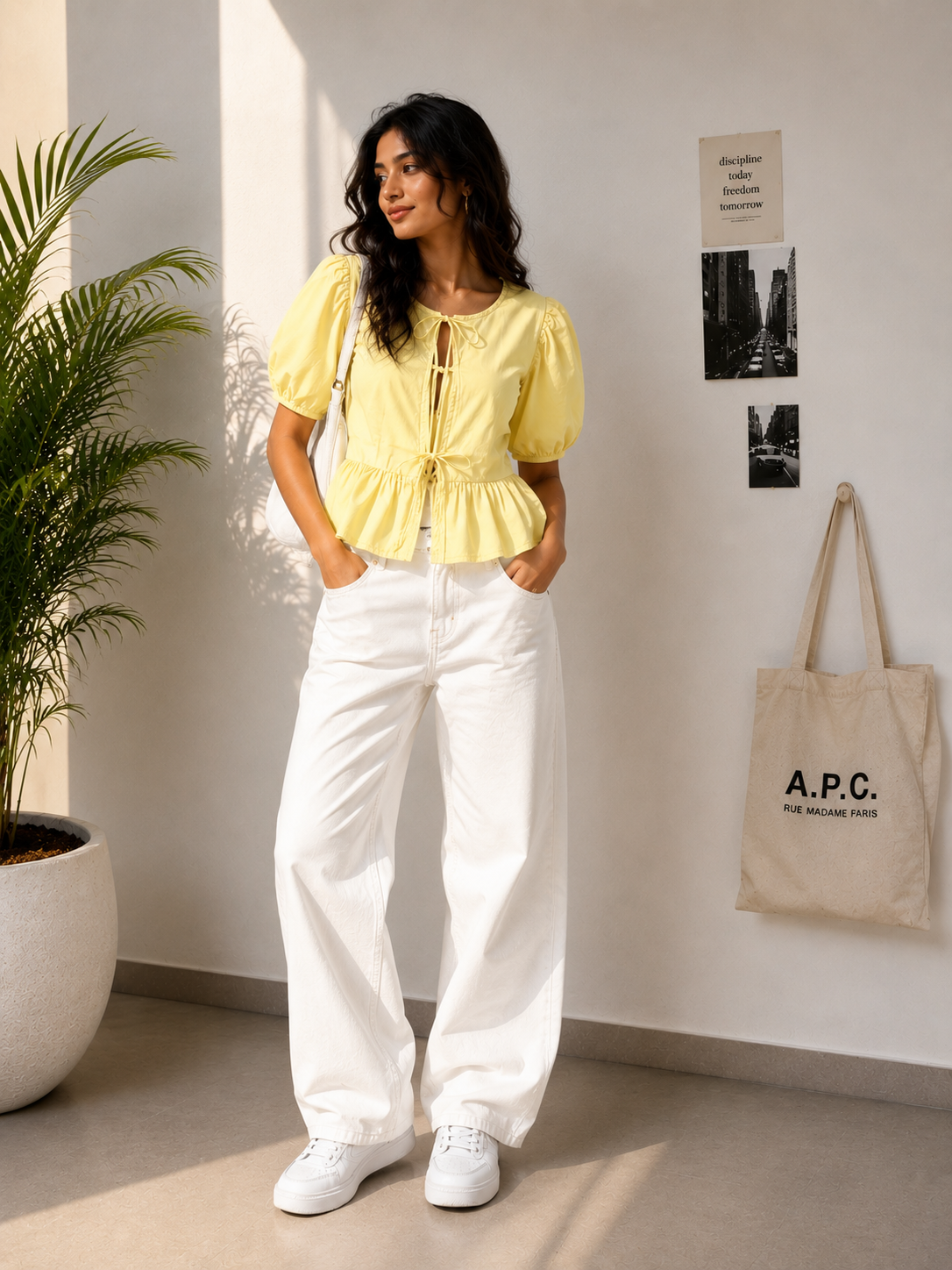 Fuchsia Puff Sleeve Peplum Yellow Top for Women