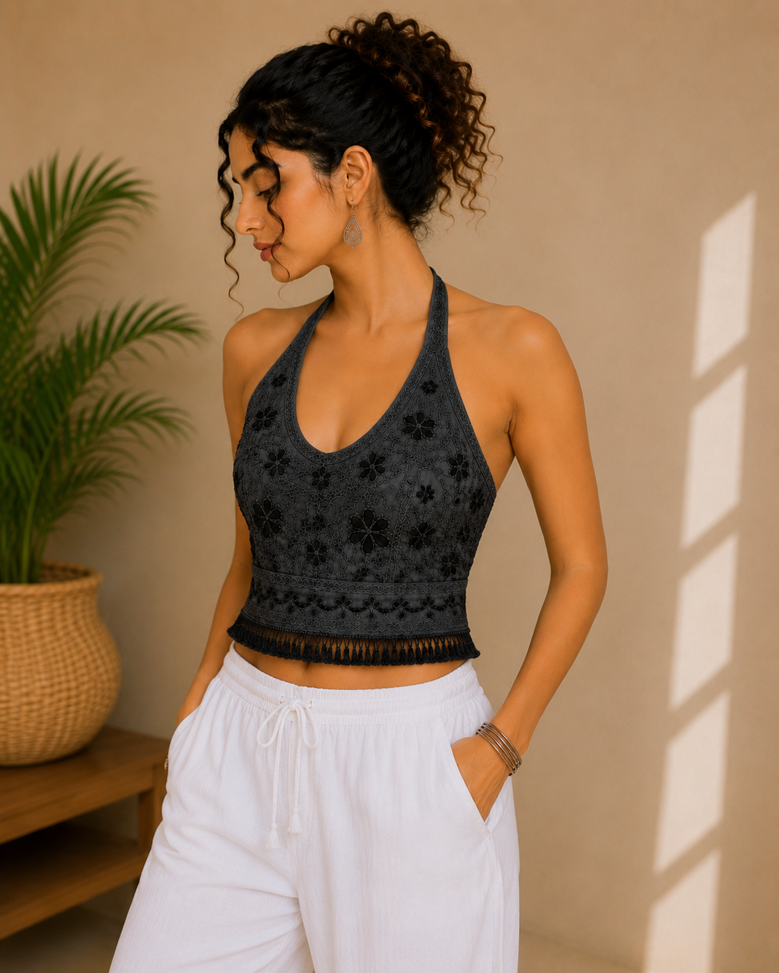 Charcol Black Floral Embroidered Halter Top