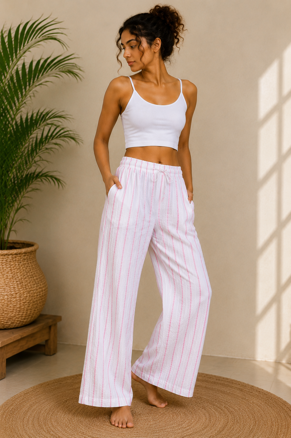 Pink Stripe Relaxed Wide-Leg Lounge Pants
