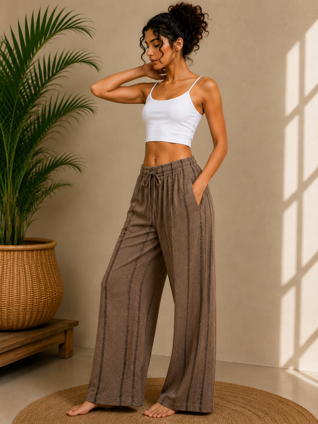 Brown Pant With Black Stripe Relaxed Wide-Leg Lounge Pants