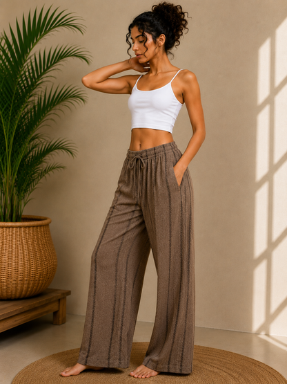Brown Pant With Black Stripe Relaxed Wide-Leg Lounge Pants