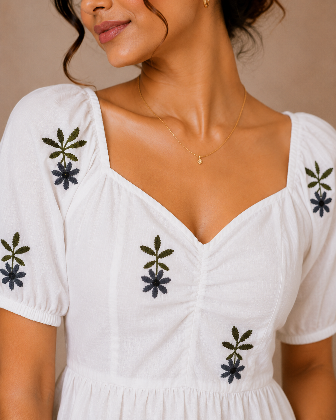 White Top With Olive Green Floral Embroidered Peplum Top for Women