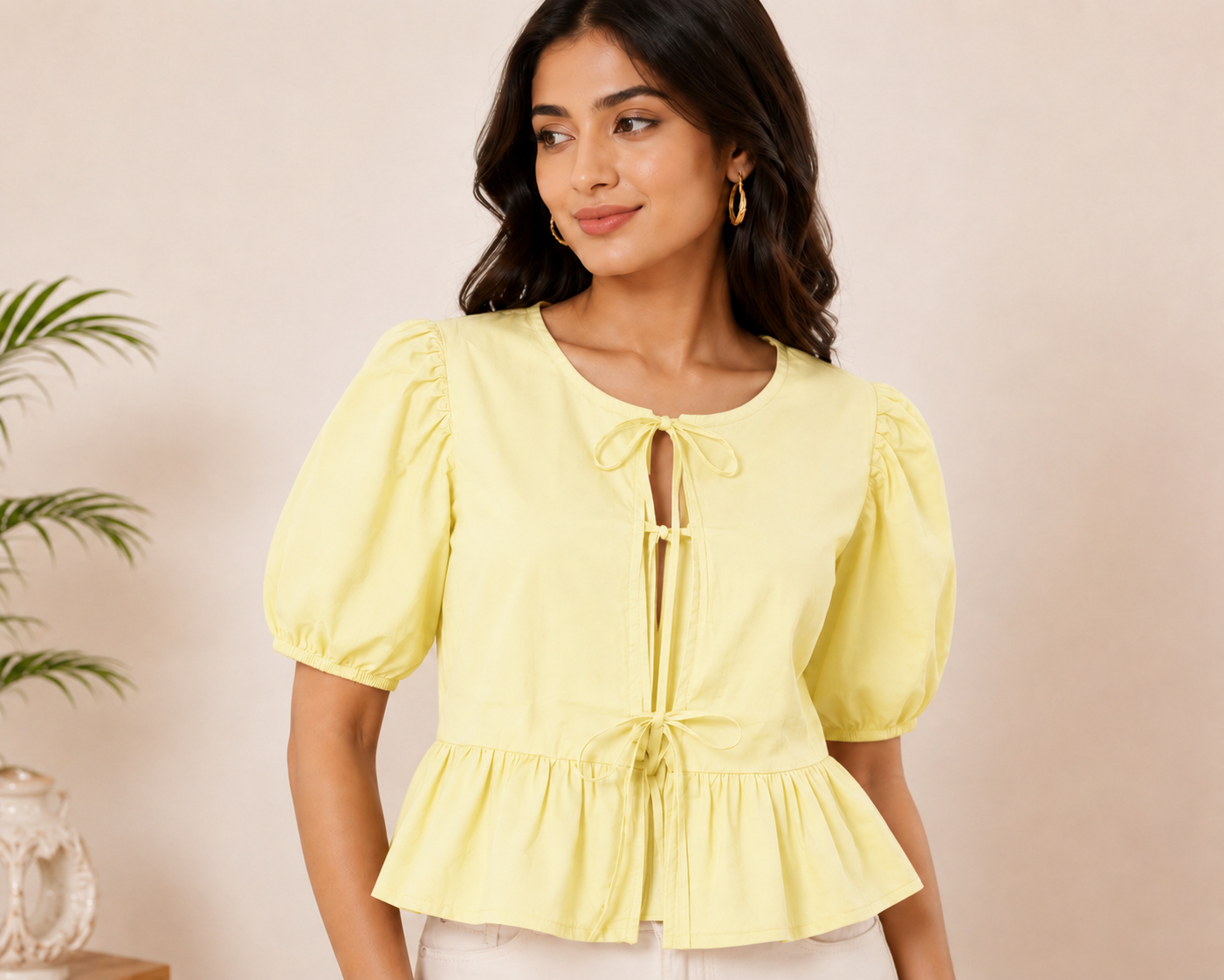Fuchsia Puff Sleeve Peplum Yellow Top for Women