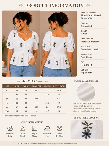 White Top With Olive Green Floral Embroidered Peplum Top for Women