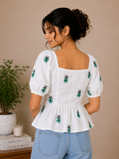 White Top With Green Floral Embroidered Peplum Top for Women