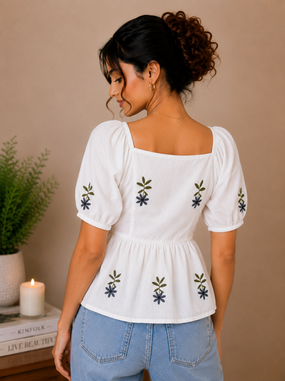 White Top With Olive Green Floral Embroidered Peplum Top for Women