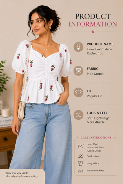 White Floral Embroidered Peplum Top