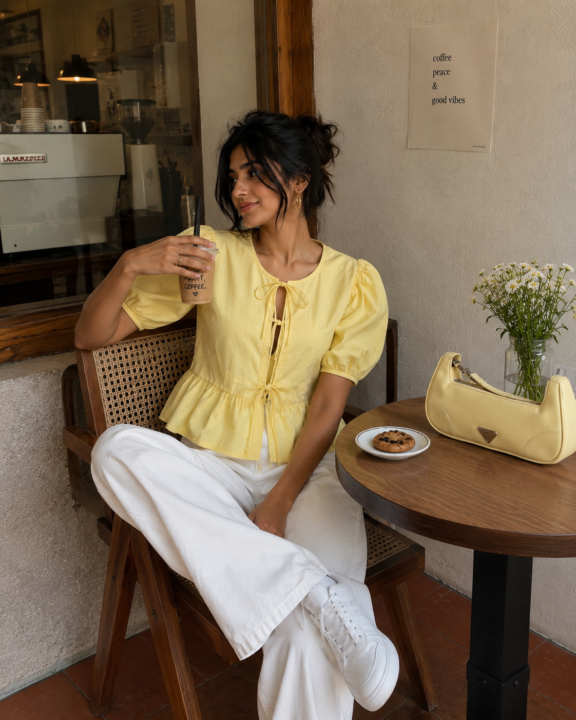 Fuchsia Puff Sleeve Peplum Yellow Top for Women