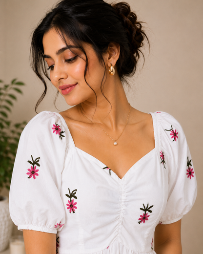 White Floral Embroidered Peplum Top