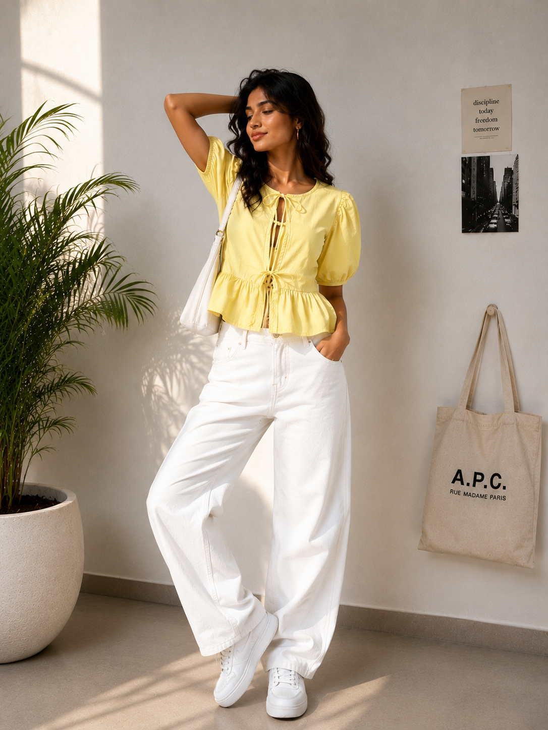 Fuchsia Puff Sleeve Peplum Yellow Top for Women