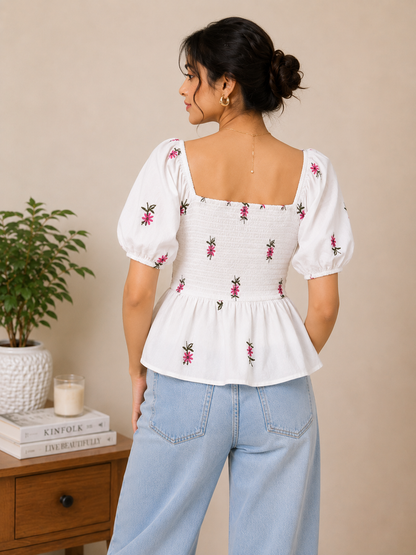 White Floral Embroidered Peplum Top