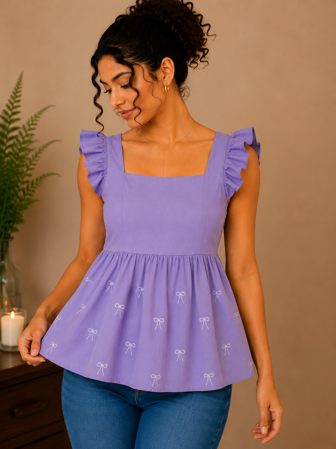 Floral Bow Embroidered Lavender Peplum Top