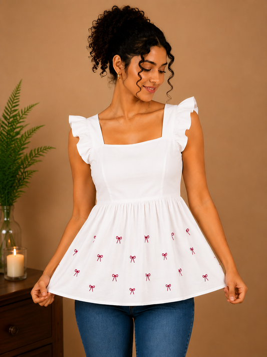 Floral Bow White Embroidered Peplum Top