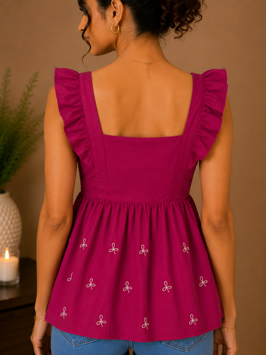 Fuchsia Ruffle Sleeve Peplum Top