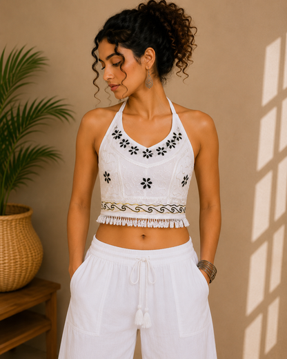 Floral Embroidered Halter Top White