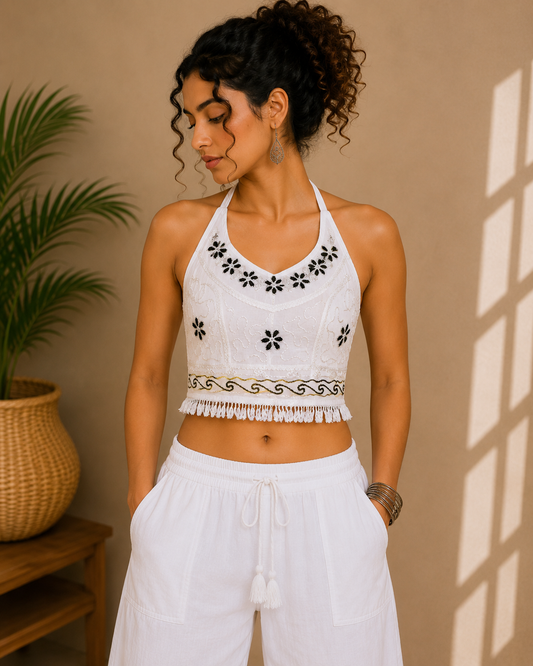 Floral Embroidered Halter Top White