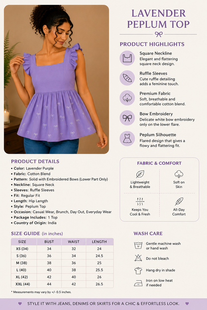 Floral Bow Embroidered Lavender Peplum Top