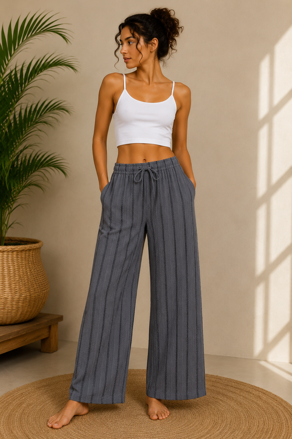 Grey Pants With Black Stripe Relaxed Wide-Leg Lounge Pants