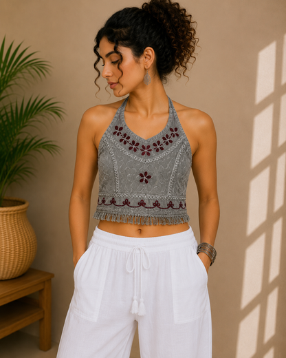 Floral Embroidered Halter Top Grey