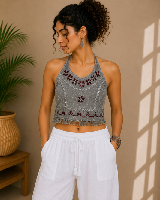 Floral Embroidered Halter Top Grey