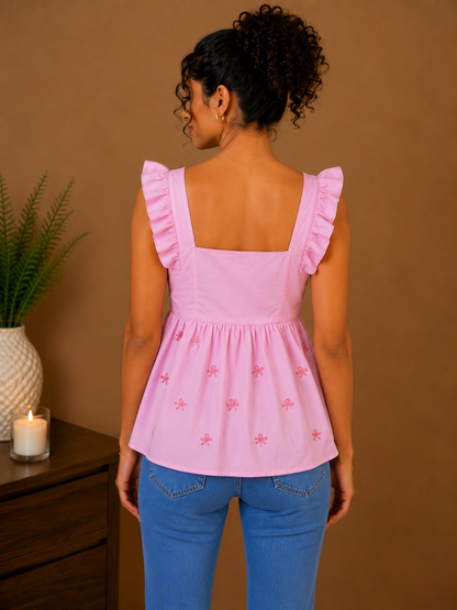 Pink Embroidered Peplum Top for Women