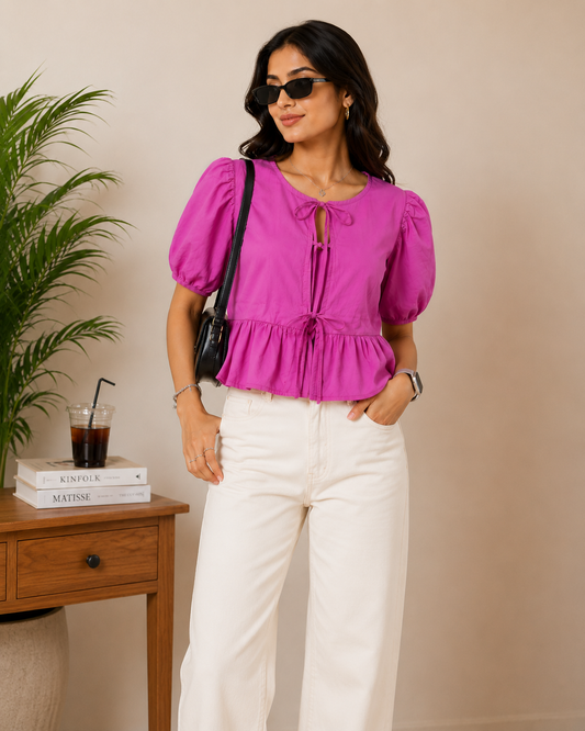 Fuchsia Puff Sleeve Peplum Pink Top for Women