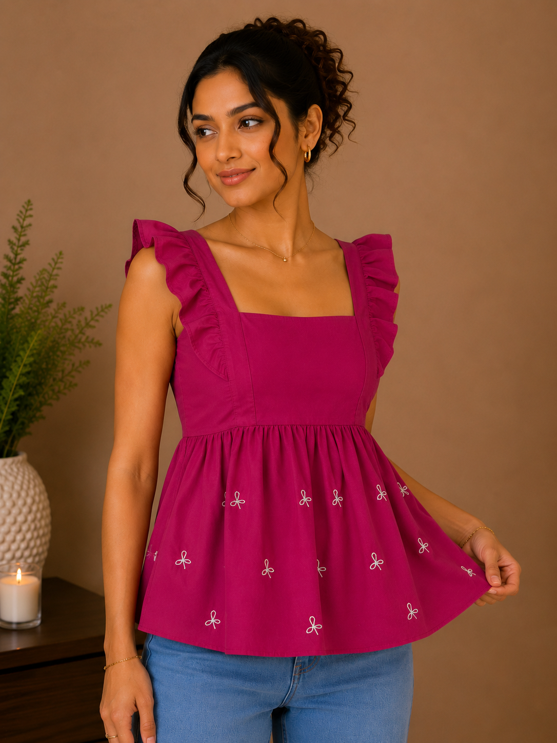 Fuchsia Ruffle Sleeve Peplum Top