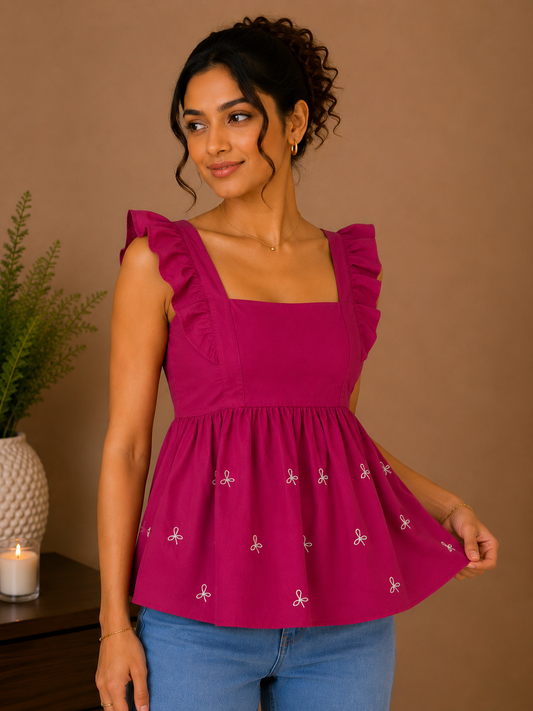 Fuchsia Ruffle Sleeve Peplum Top