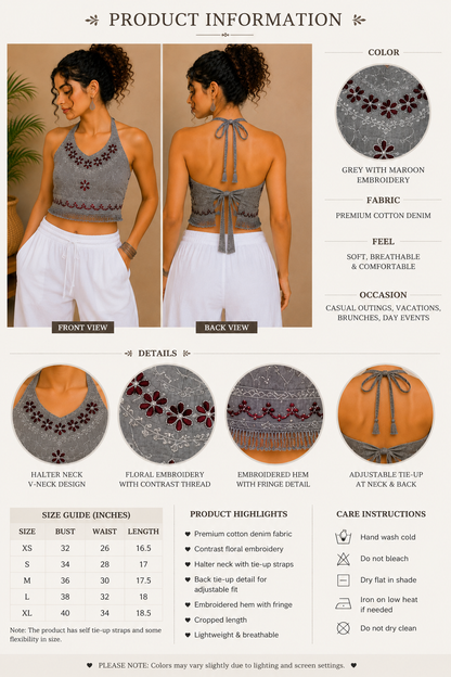 Floral Embroidered Halter Top Grey