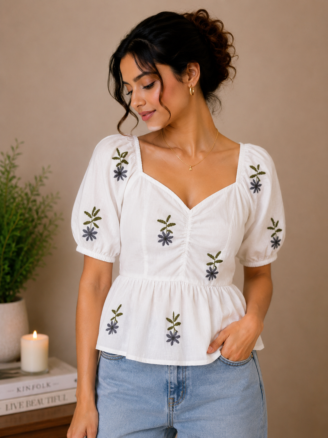 White Top With Olive Green Floral Embroidered Peplum Top for Women