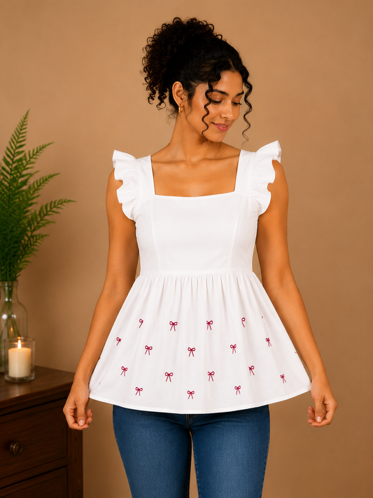 Floral Bow White Embroidered Peplum Top