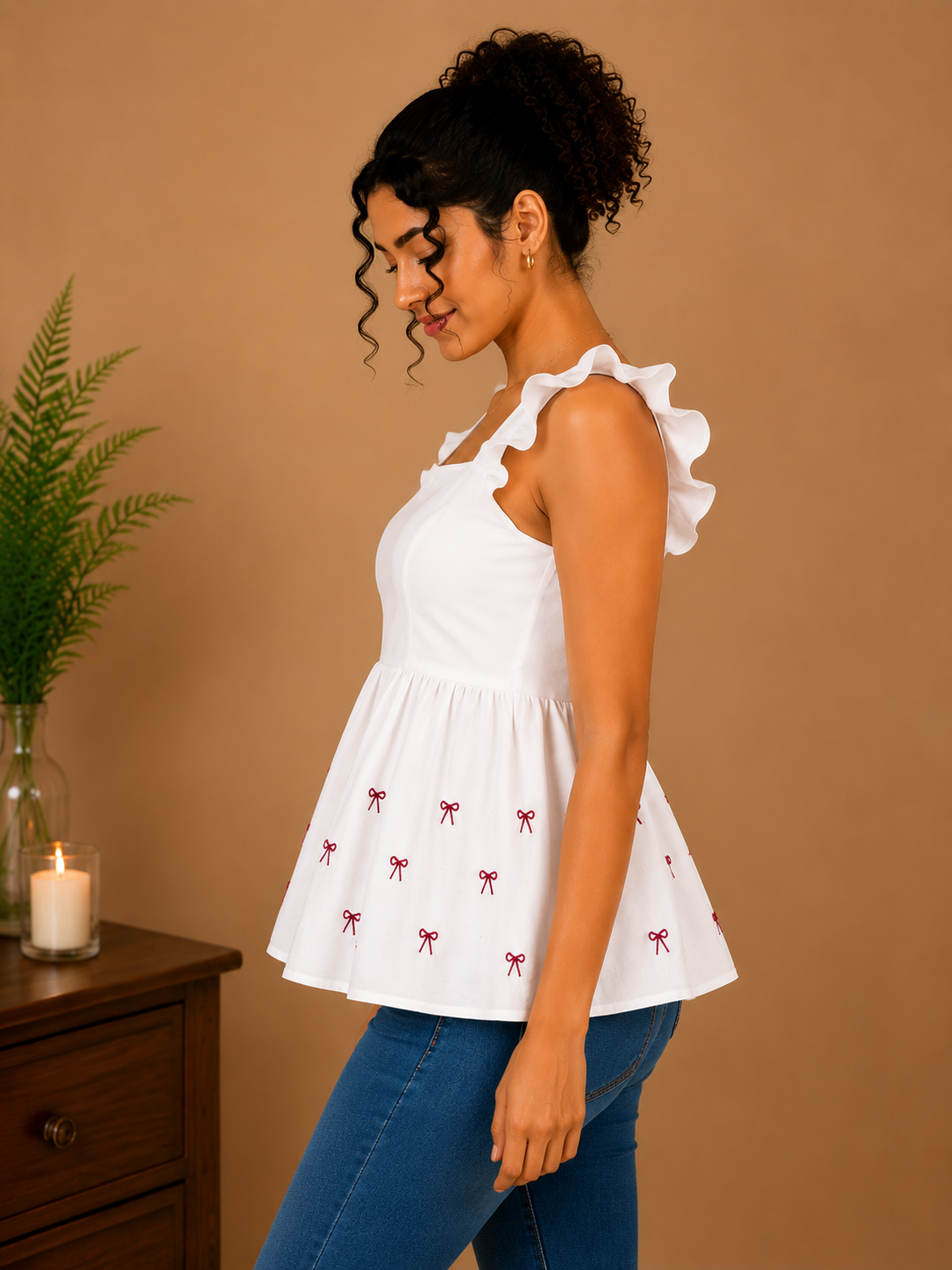 Floral Bow White Embroidered Peplum Top