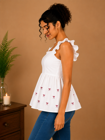 Floral Bow White Embroidered Peplum Top