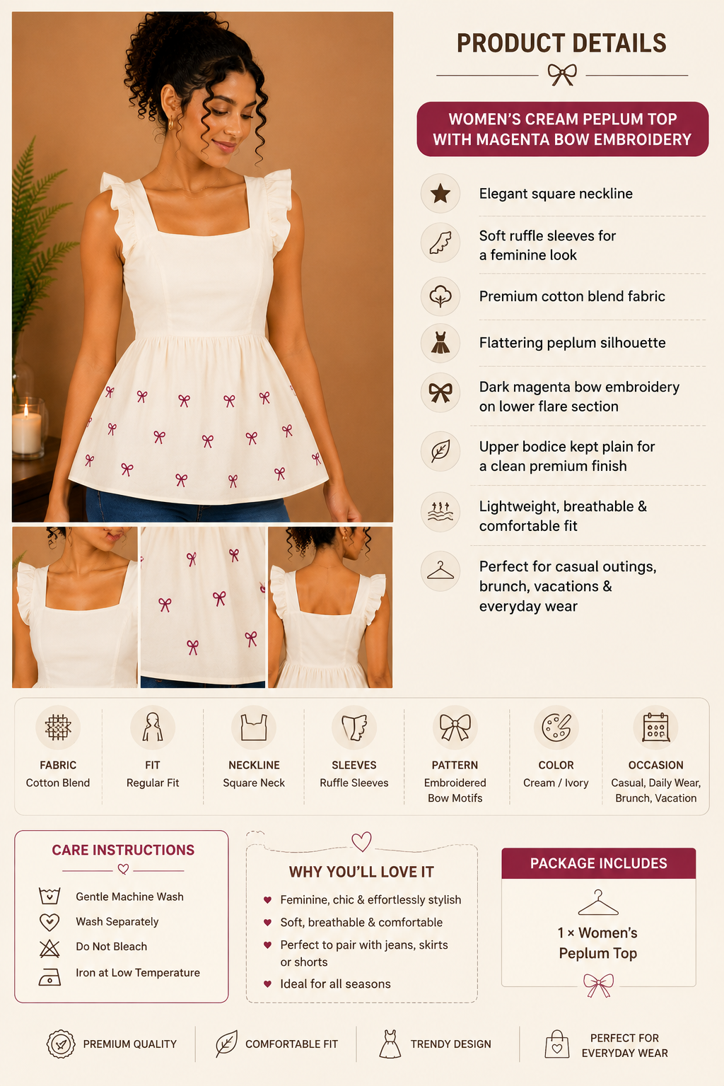 Floral Bow Embroidered Beige Peplum Top