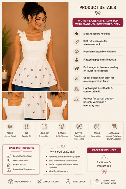Floral Bow Embroidered Beige Peplum Top