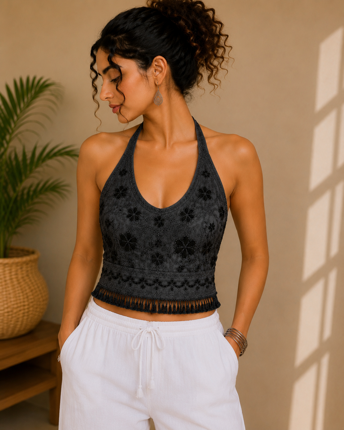 Charcol Black Floral Embroidered Halter Top