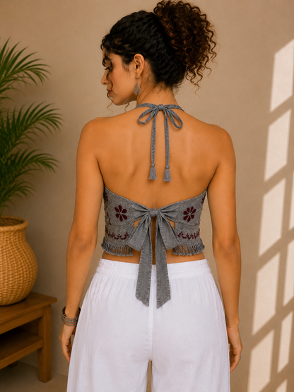 Floral Embroidered Halter Top Grey