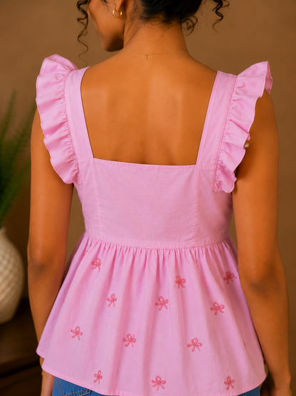 Pink Embroidered Peplum Top for Women