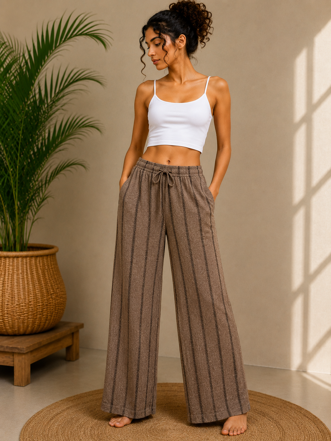 Brown Pant With Black Stripe Relaxed Wide-Leg Lounge Pants