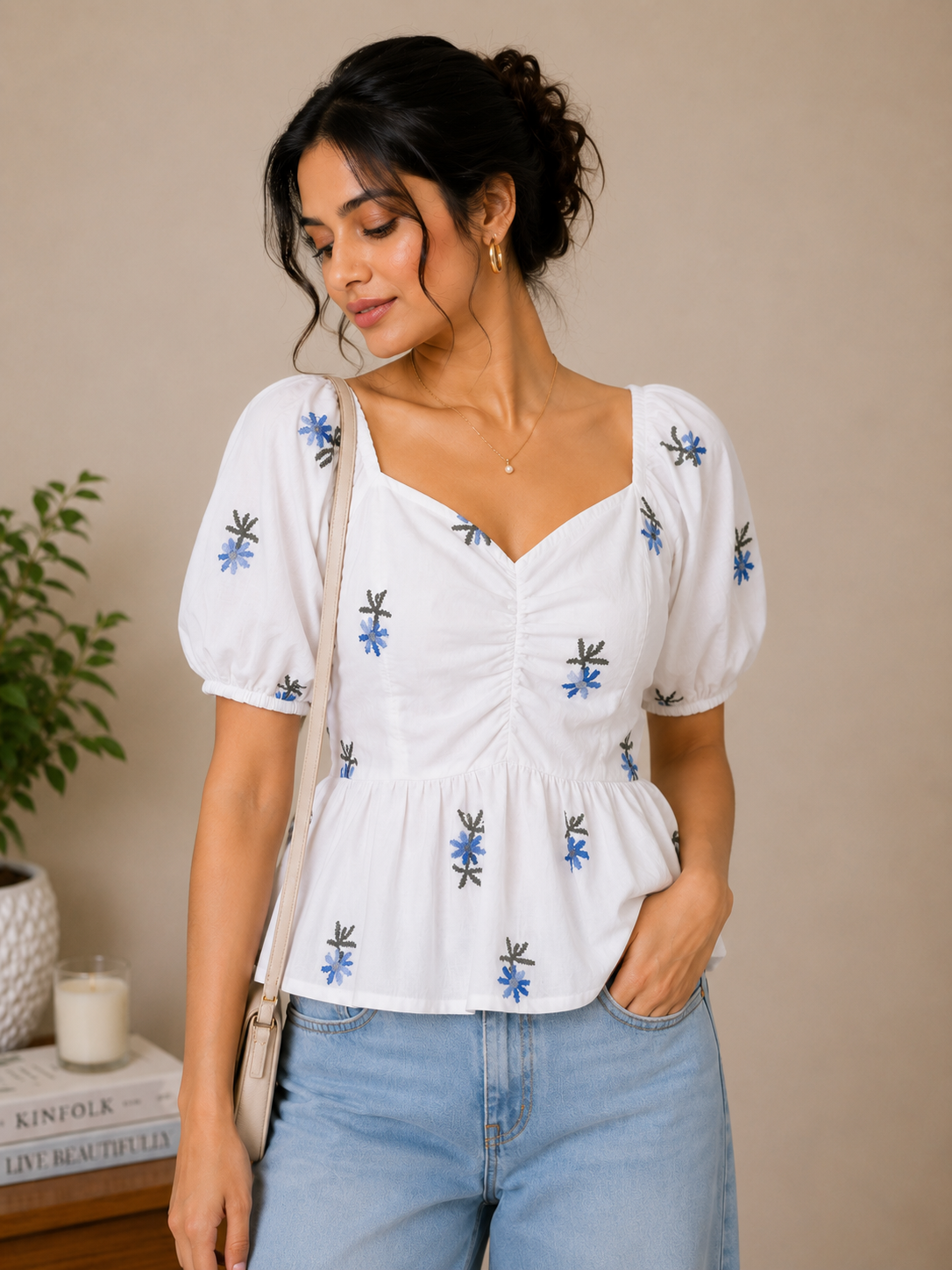 White Top With Blue Floral Embroidered Peplum Top