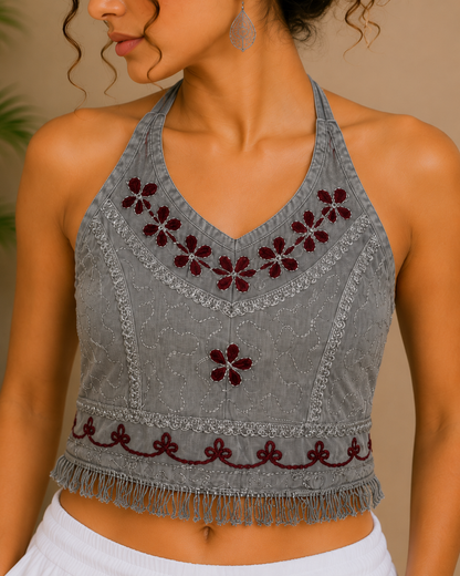 Floral Embroidered Halter Top Grey