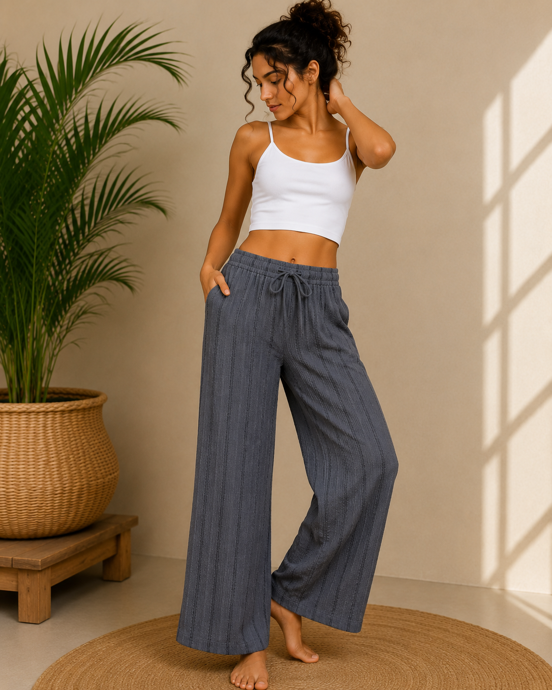 Grey Pants With Black Stripe Relaxed Wide-Leg Lounge Pants