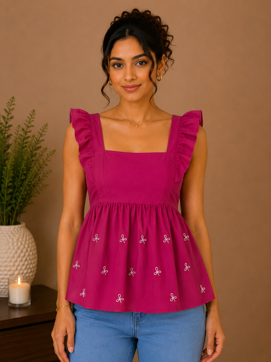 Fuchsia Ruffle Sleeve Peplum Top