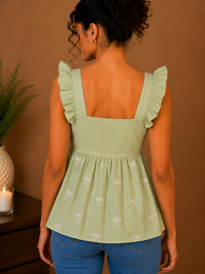 Floral Bow Embroidered Peplum Top