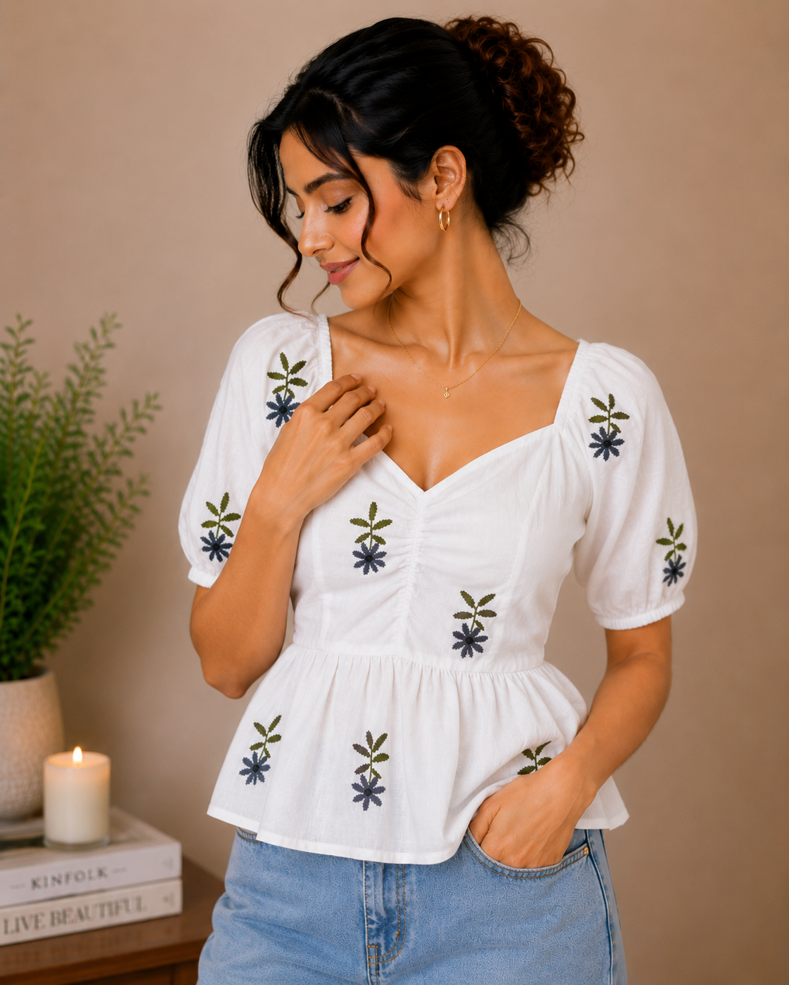 White Top With Olive Green Floral Embroidered Peplum Top for Women