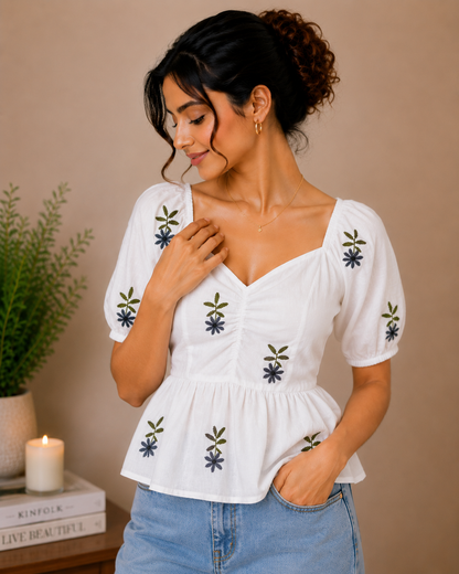 White Top With Olive Green Floral Embroidered Peplum Top for Women
