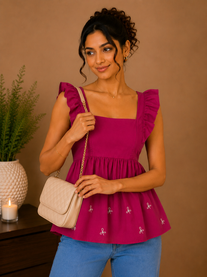 Fuchsia Ruffle Sleeve Peplum Top