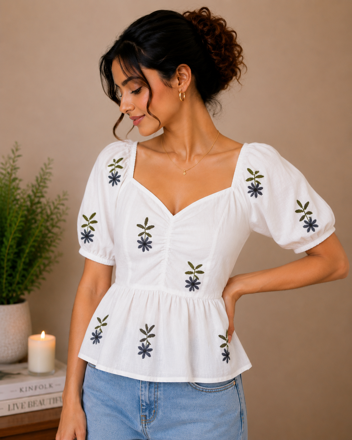 White Top With Olive Green Floral Embroidered Peplum Top for Women