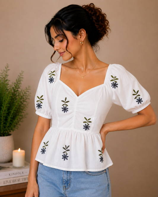 White Top With Olive Green Floral Embroidered Peplum Top for Women